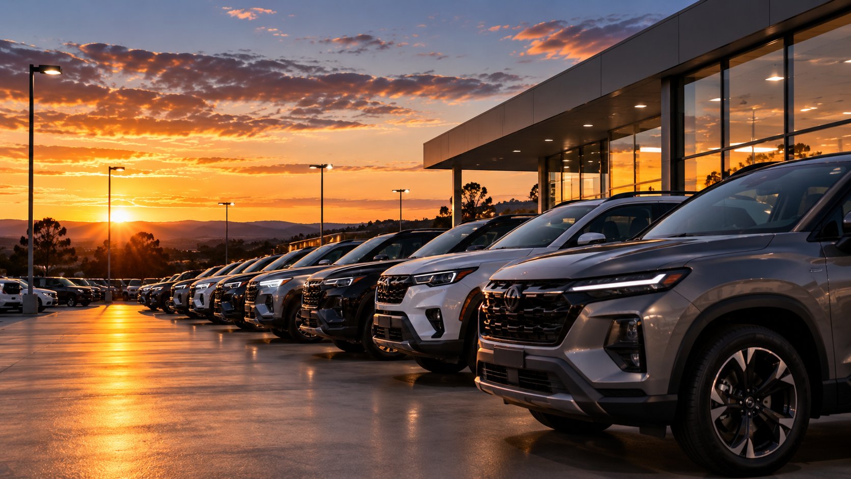 A row of vehicles outside a dealership at sunset
