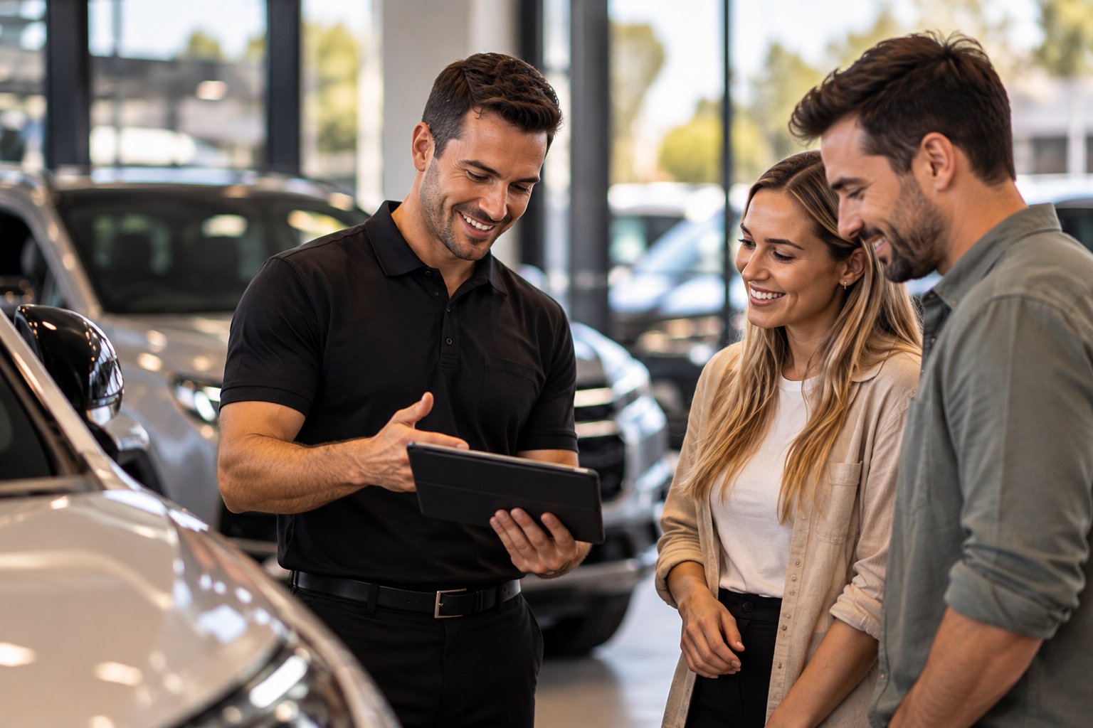 A salesperson showing a couple details on a tablet in a showroom