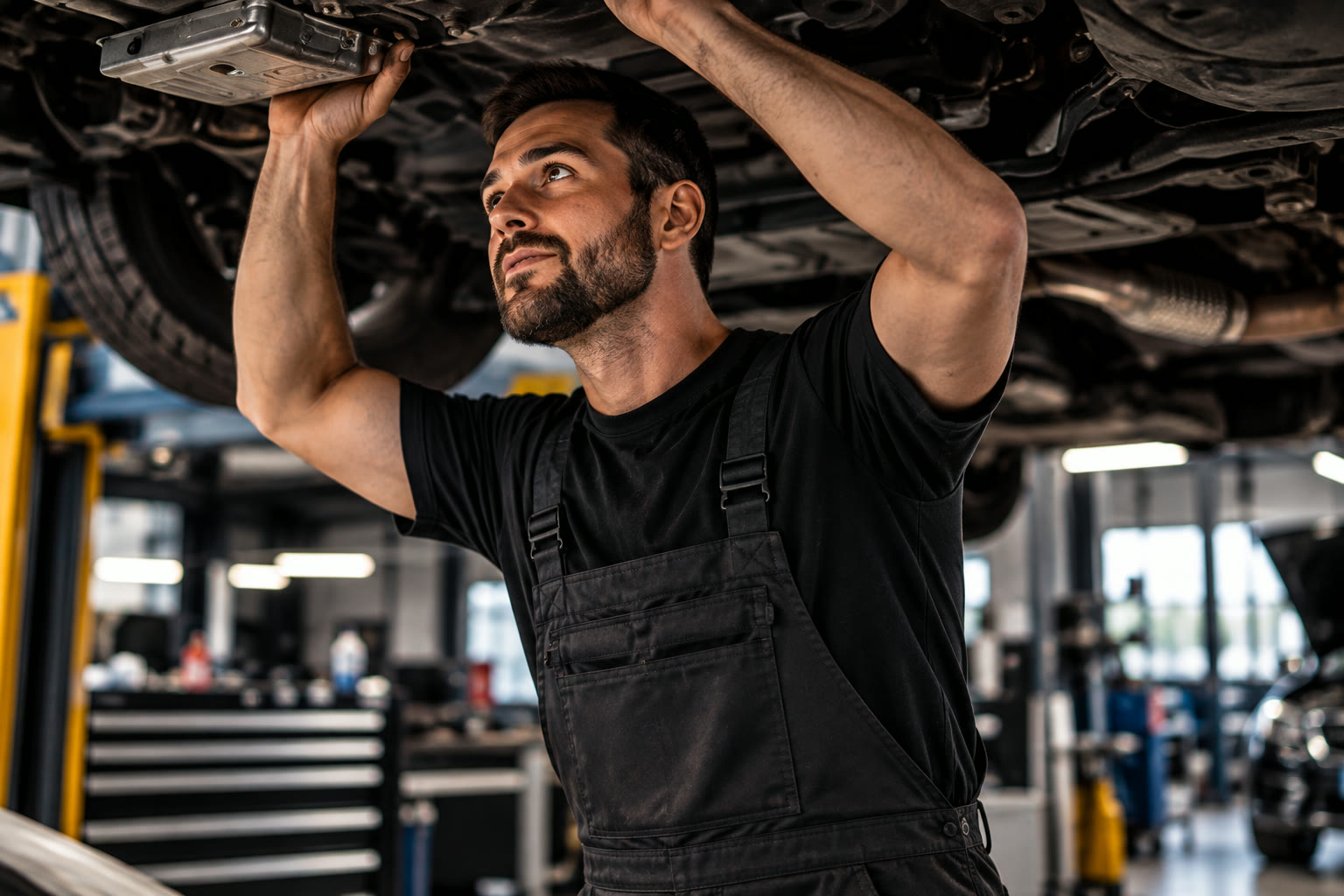 A technician inspecting the underside of a vehicle